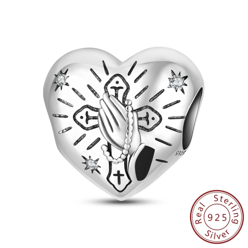 Crossfit G - Original-Charms aus 925er-Sterlingsilber, Kreuz-Gebet-Charms, Herzform, Perlen,